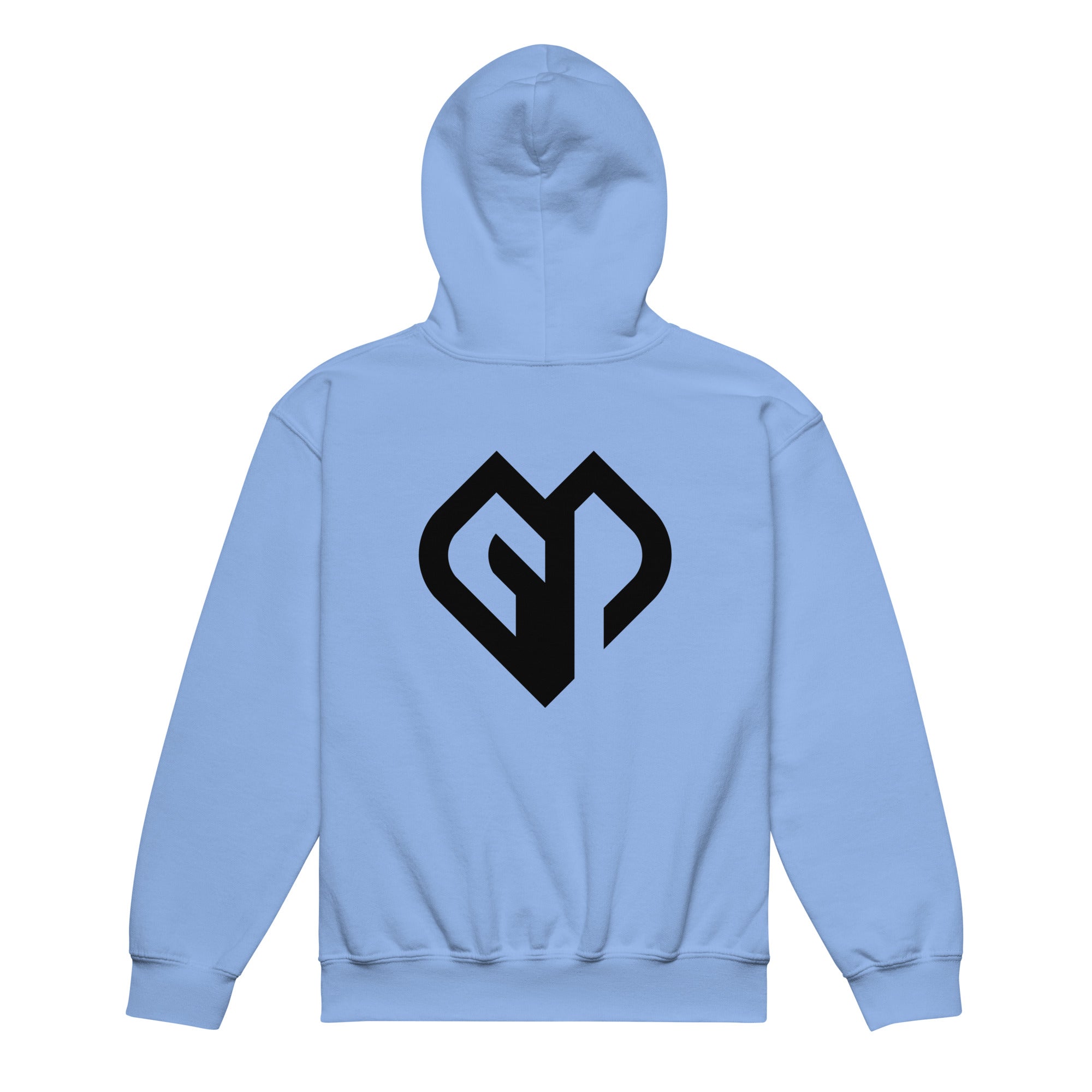 Kids performance unisex Carolina blue Gymplode hoodie with icon logo, back view