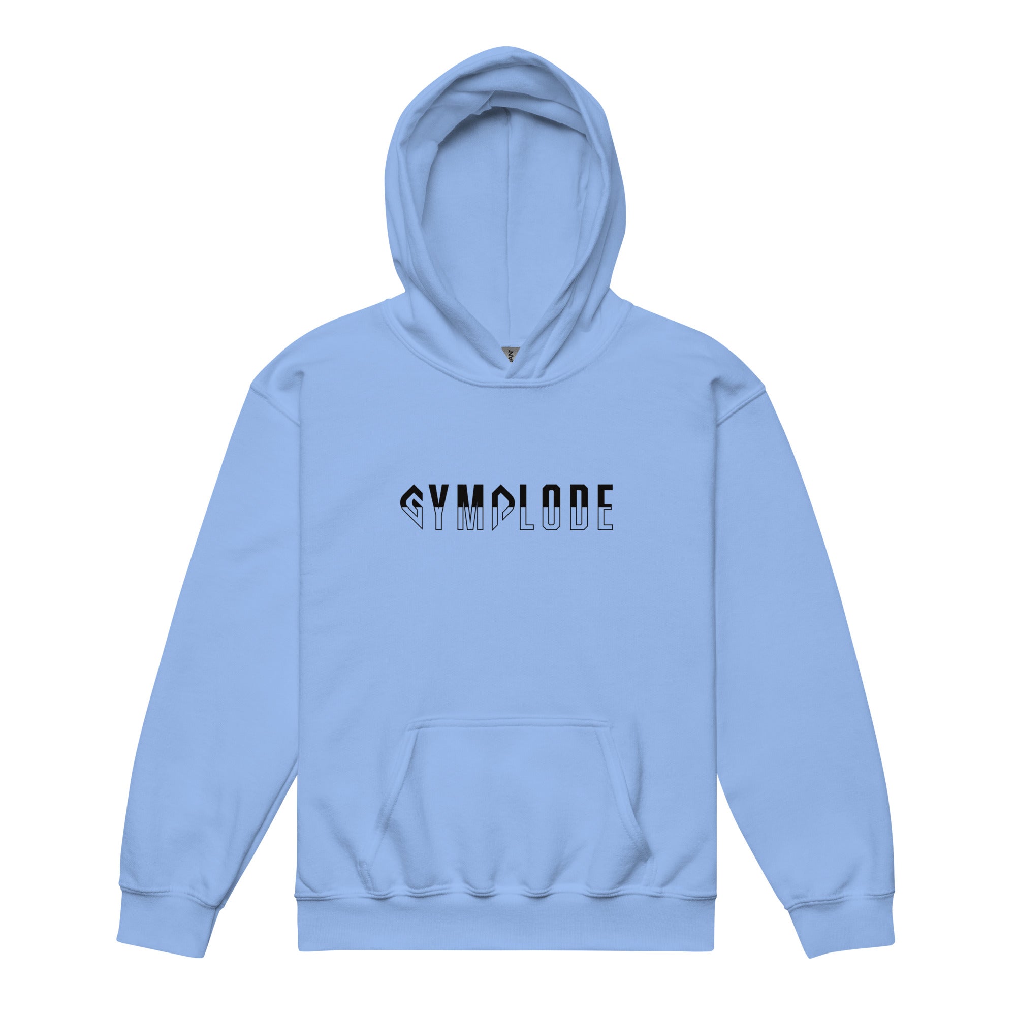 Kids performance unisex Carolina blue Gymplode hoodie with signature logo, front view