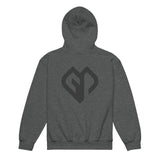 Kids performance unisex dark heather Gymplode hoodie with icon logo, back view