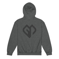 Kids performance unisex dark heather Gymplode hoodie with icon logo, back view