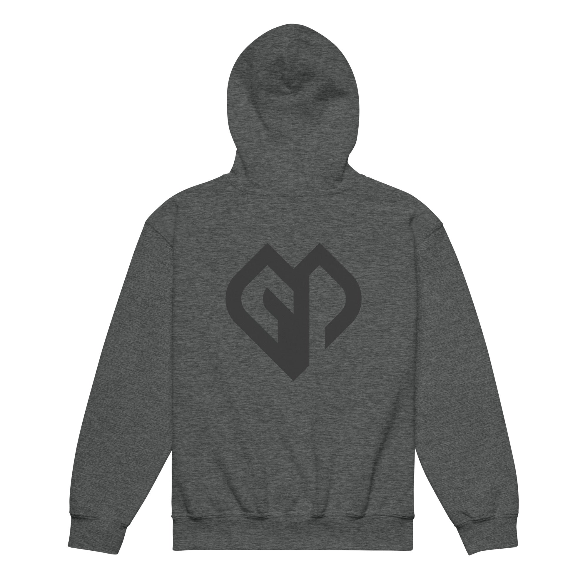 Kids performance unisex dark heather Gymplode hoodie with icon logo, back view