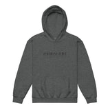 Kids performance unisex dark heather Gymplode hoodie with signature logo, front view