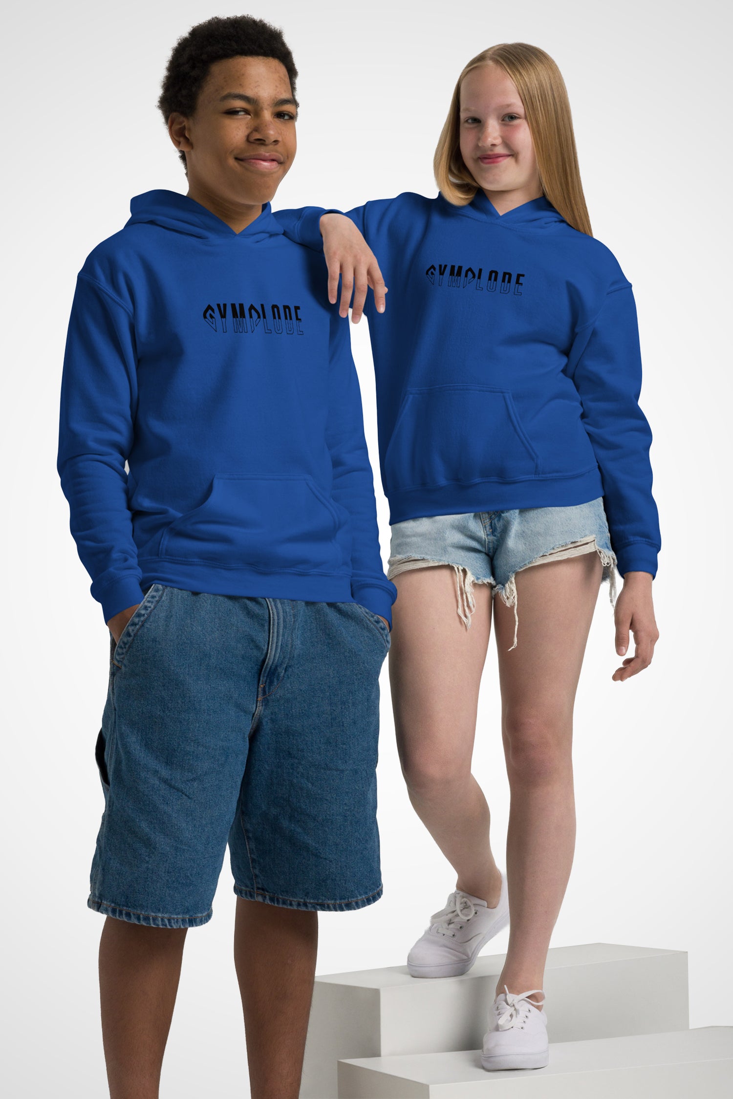 Kids performance unisex Gymplode hoodie with signature logo, front view with model
