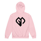 Kids performance unisex light pink Gymplode hoodie with icon logo, back view