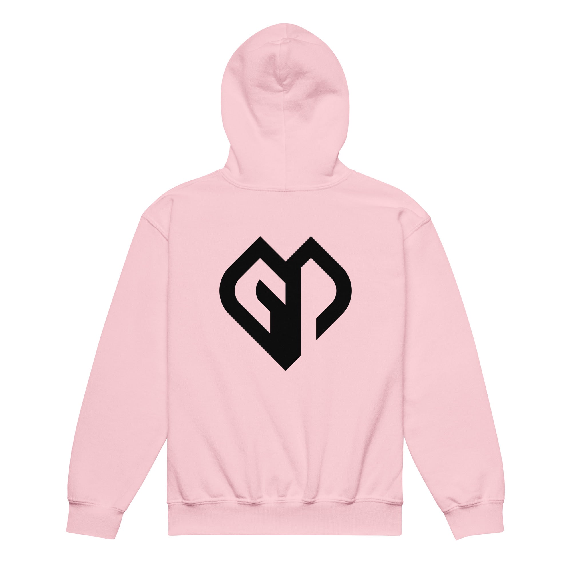 Kids performance unisex light pink Gymplode hoodie with icon logo, back view