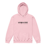 Kids performance unisex light pink Gymplode hoodie with signature logo, front view