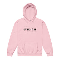 Kids performance unisex light pink Gymplode hoodie with signature logo, front view