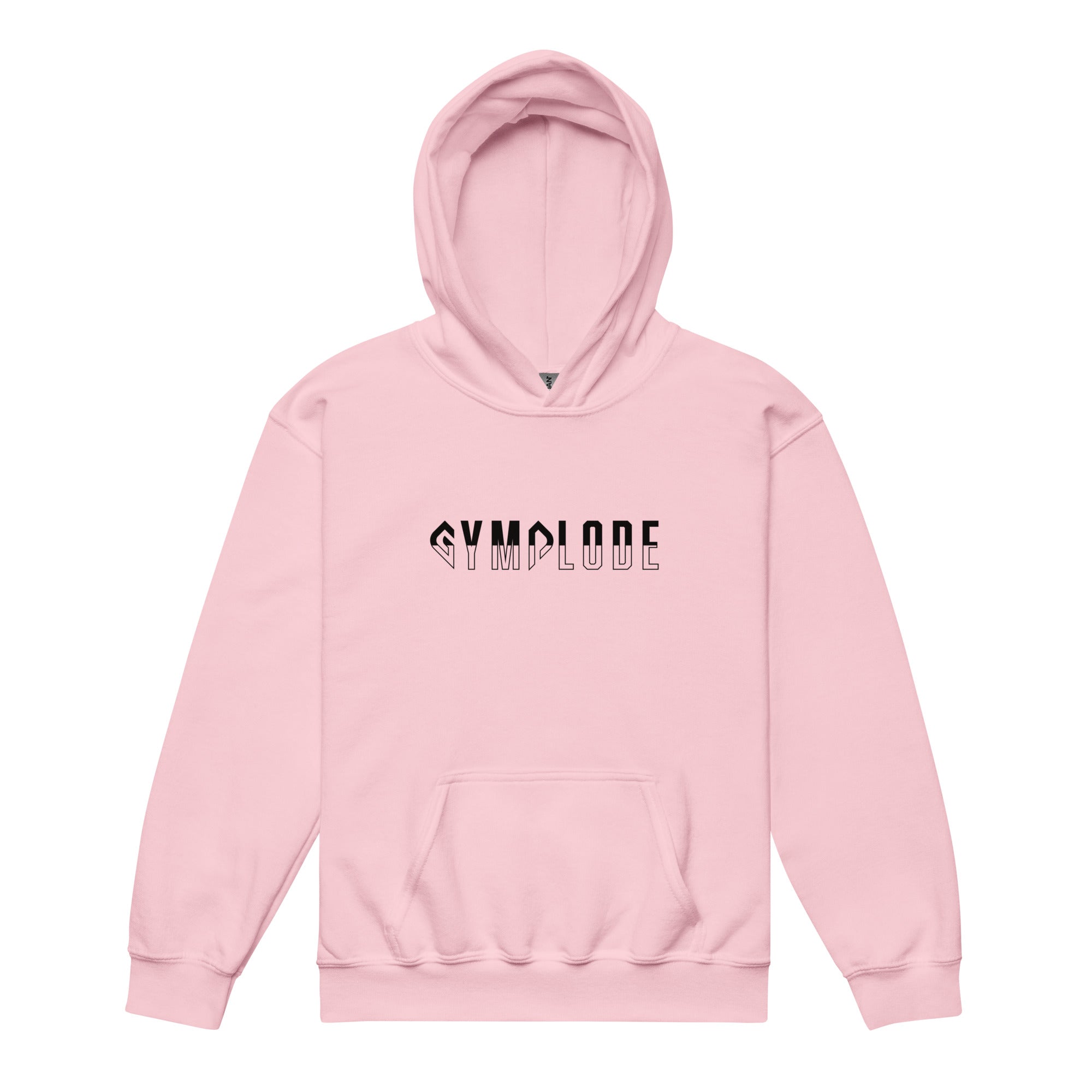 Kids performance unisex light pink Gymplode hoodie with signature logo, front view