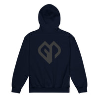Kids performance unisex navy Gymplode hoodie with icon logo, back view
