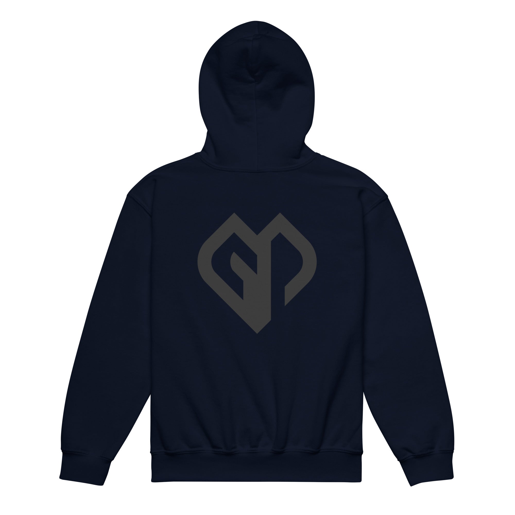 Kids performance unisex navy Gymplode hoodie with icon logo, back view