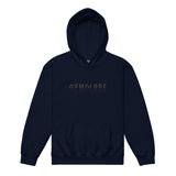 Kids performance unisex navy Gymplode hoodie with signature logo, front view