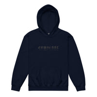 Kids performance unisex navy Gymplode hoodie with signature logo, front view