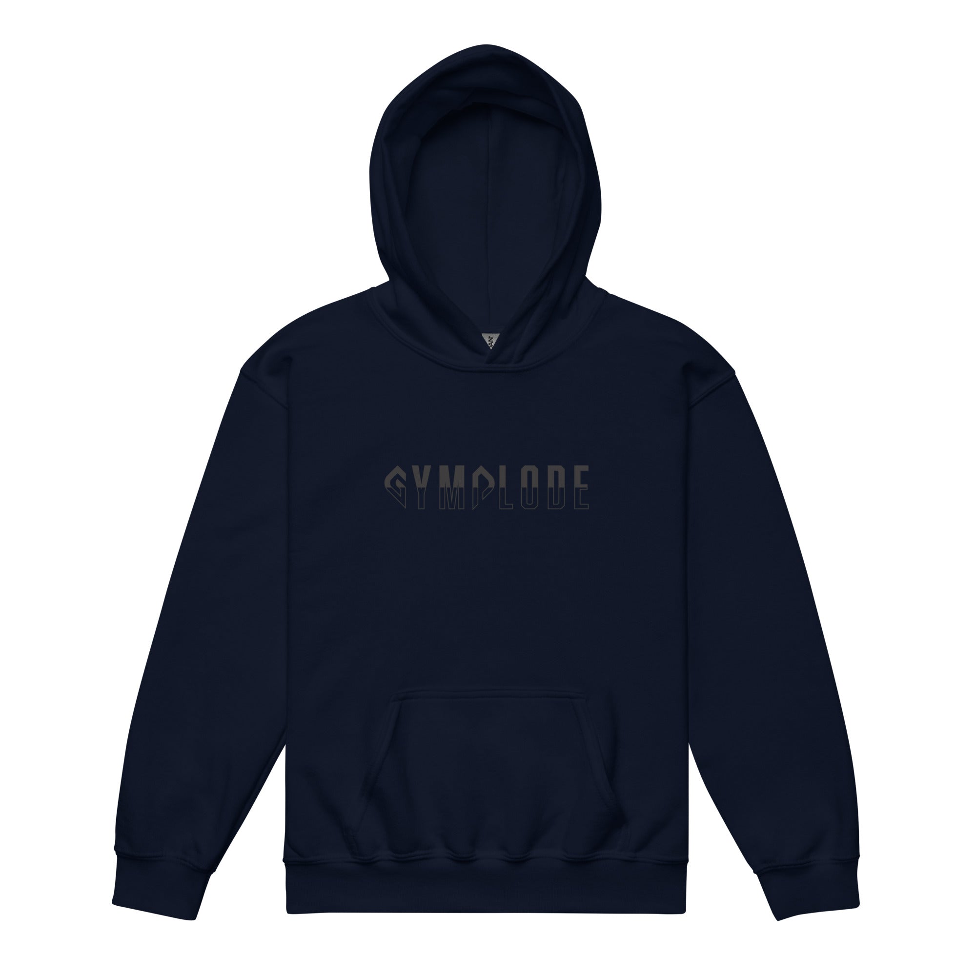 Kids performance unisex navy Gymplode hoodie with signature logo, front view