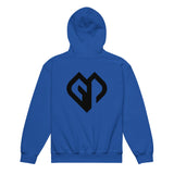Kids performance unisex royal Gymplode hoodie with icon logo, back view