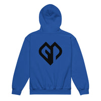 Kids performance unisex royal Gymplode hoodie with icon logo, back view
