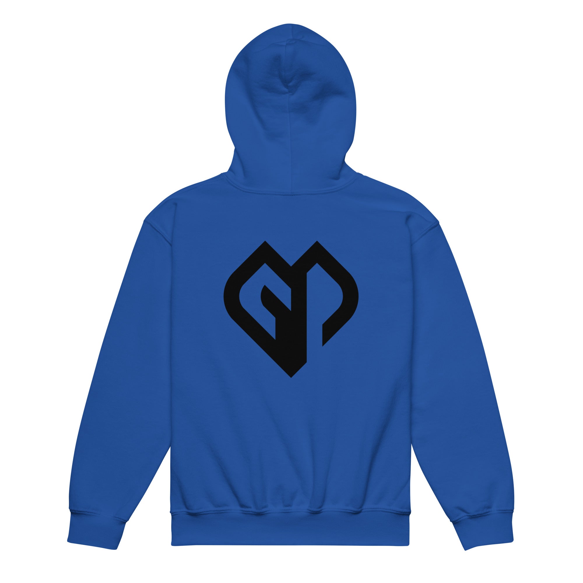 Kids performance unisex royal Gymplode hoodie with icon logo, back view