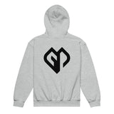 Kids performance unisex sport grey Gymplode hoodie with icon logo, back view