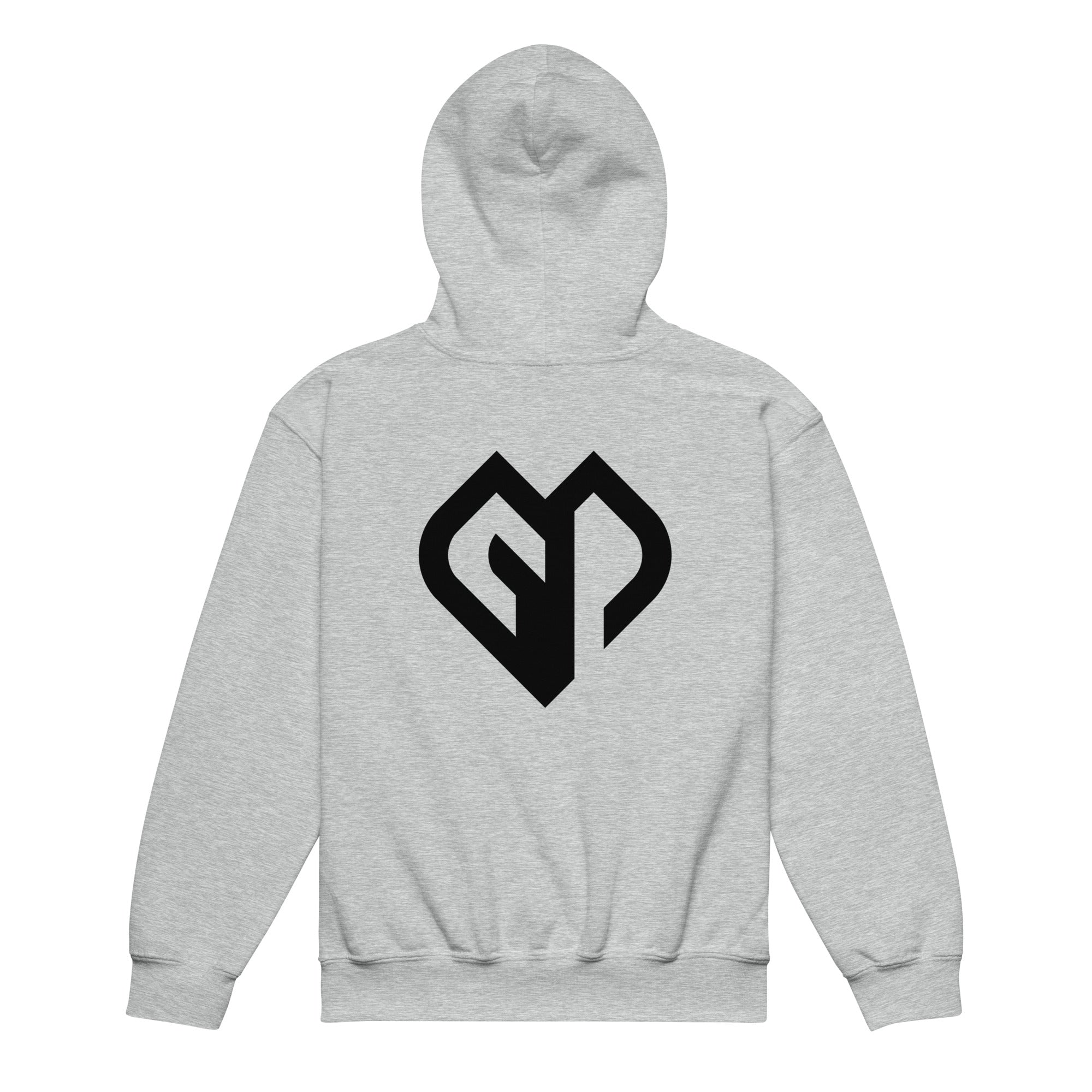 Kids performance unisex sport grey Gymplode hoodie with icon logo, back view