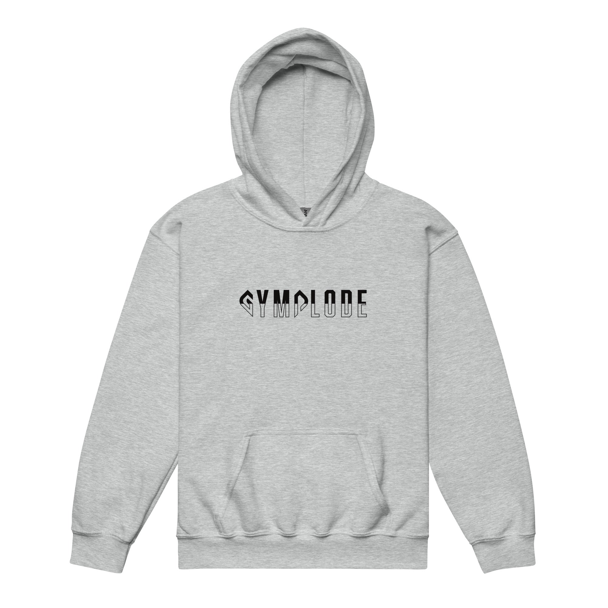 Kids performance unisex sport grey Gymplode hoodie with signature logo, front view