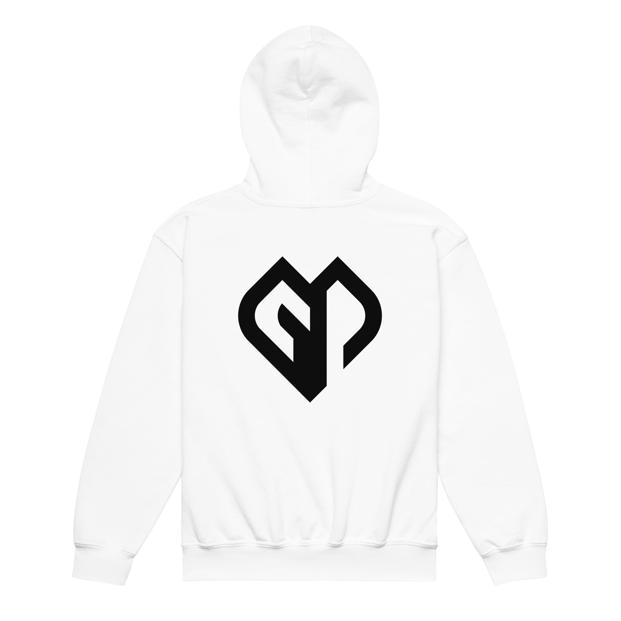 Kids performance unisex white Gymplode hoodie with icon logo, back view