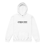 Kids performance unisex white Gymplode hoodie with signature logo, front view