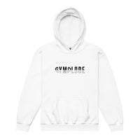 Kids performance unisex white Gymplode hoodie with signature logo, front view