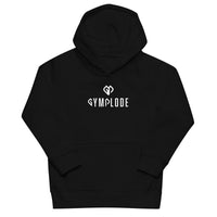 Kids premium unisex black Gymplode hoodie with dual mark imprint, front view