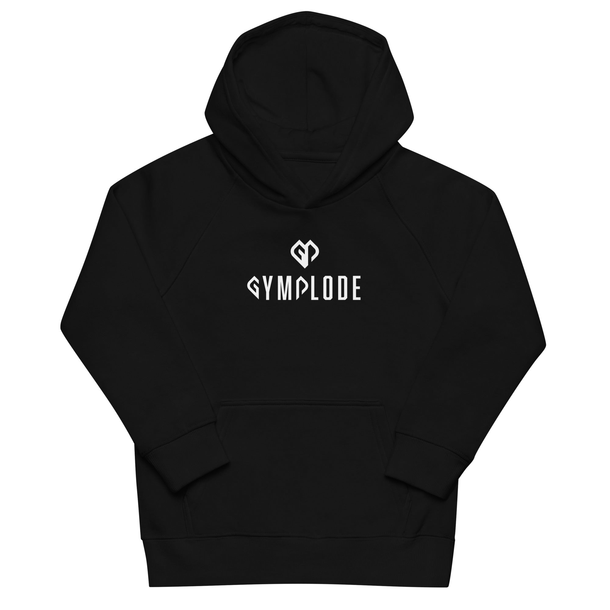 Kids premium unisex black Gymplode hoodie with dual mark imprint, front view