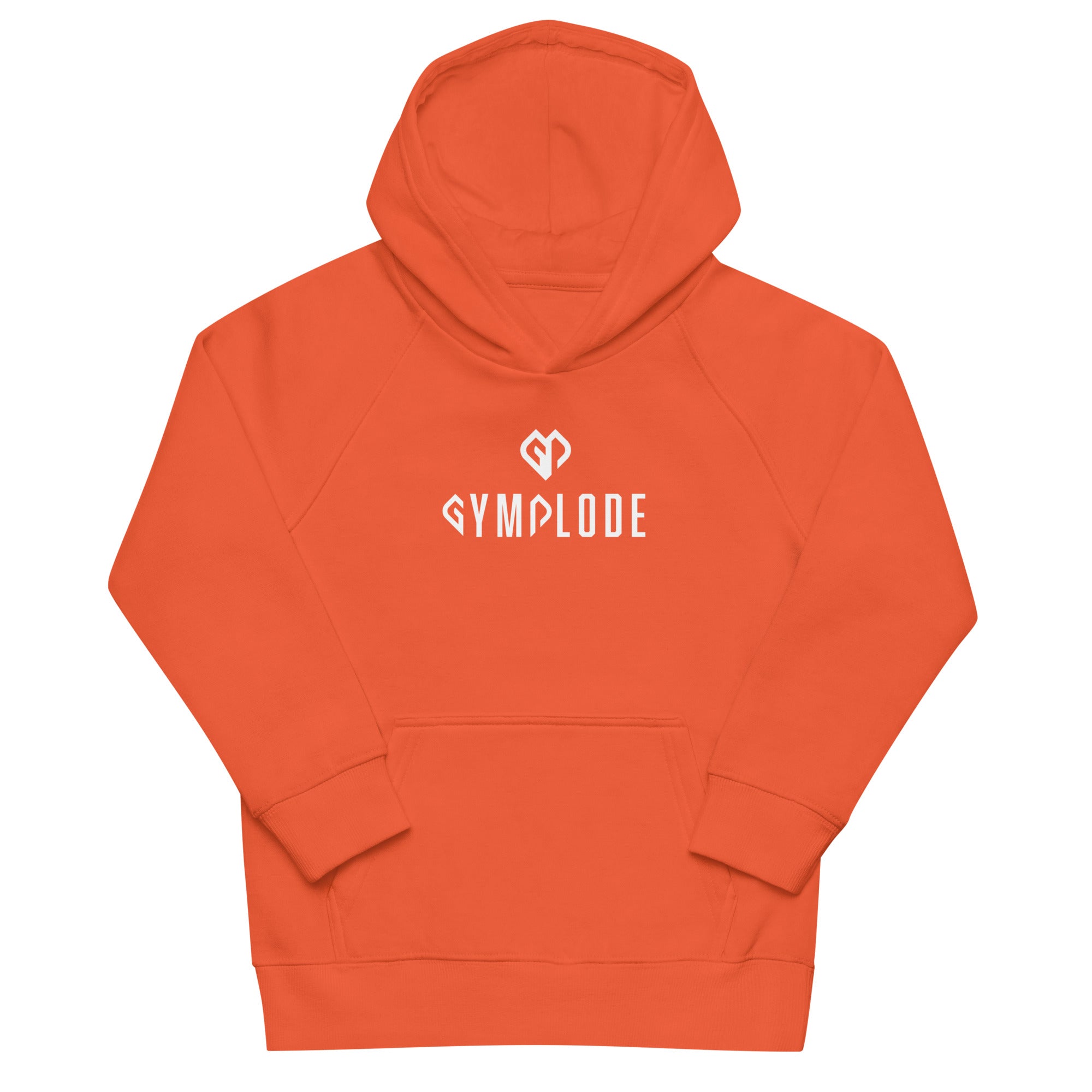 Kids premium unisex burnt orange Gymplode hoodie with dual mark imprint, front view