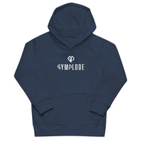Kids premium unisex French navy Gymplode hoodie with dual mark imprint, front view
