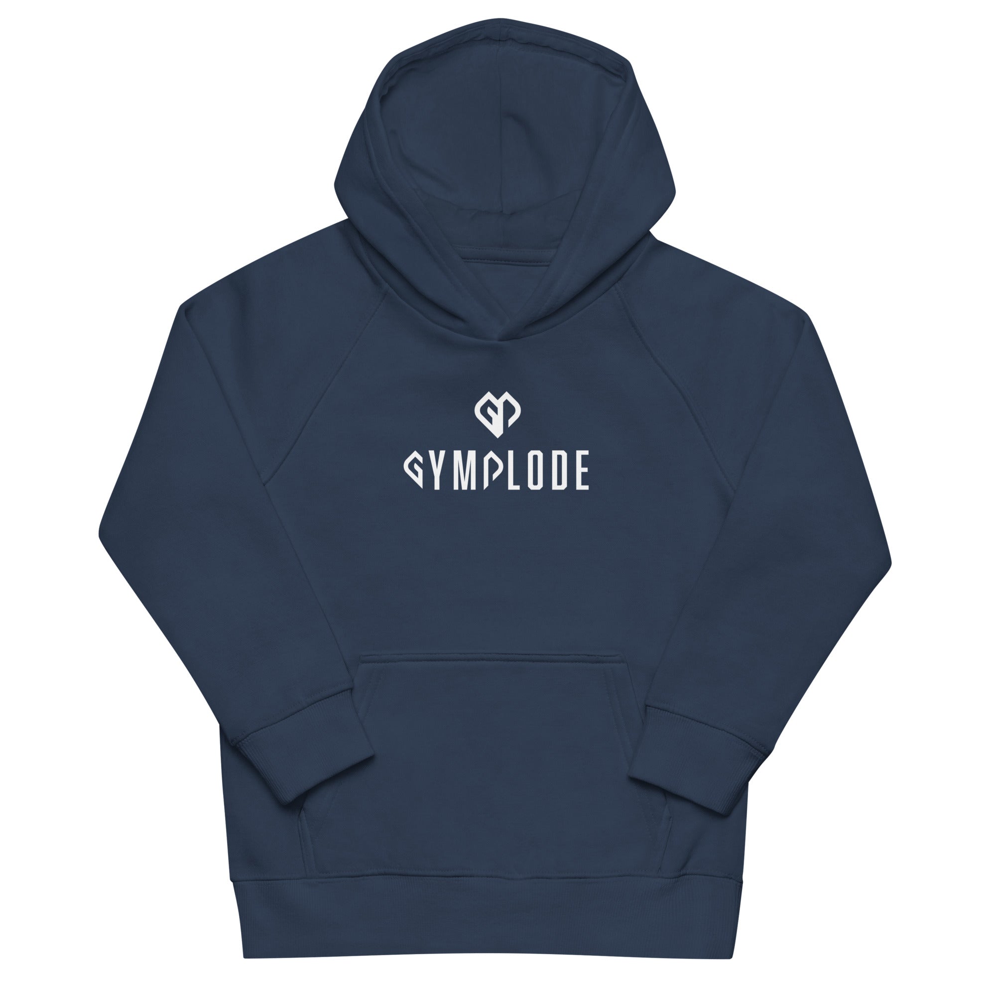 Kids premium unisex French navy Gymplode hoodie with dual mark imprint, front view