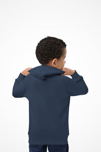 Kids premium unisex Gymplode hoodie with no print, back view with model
