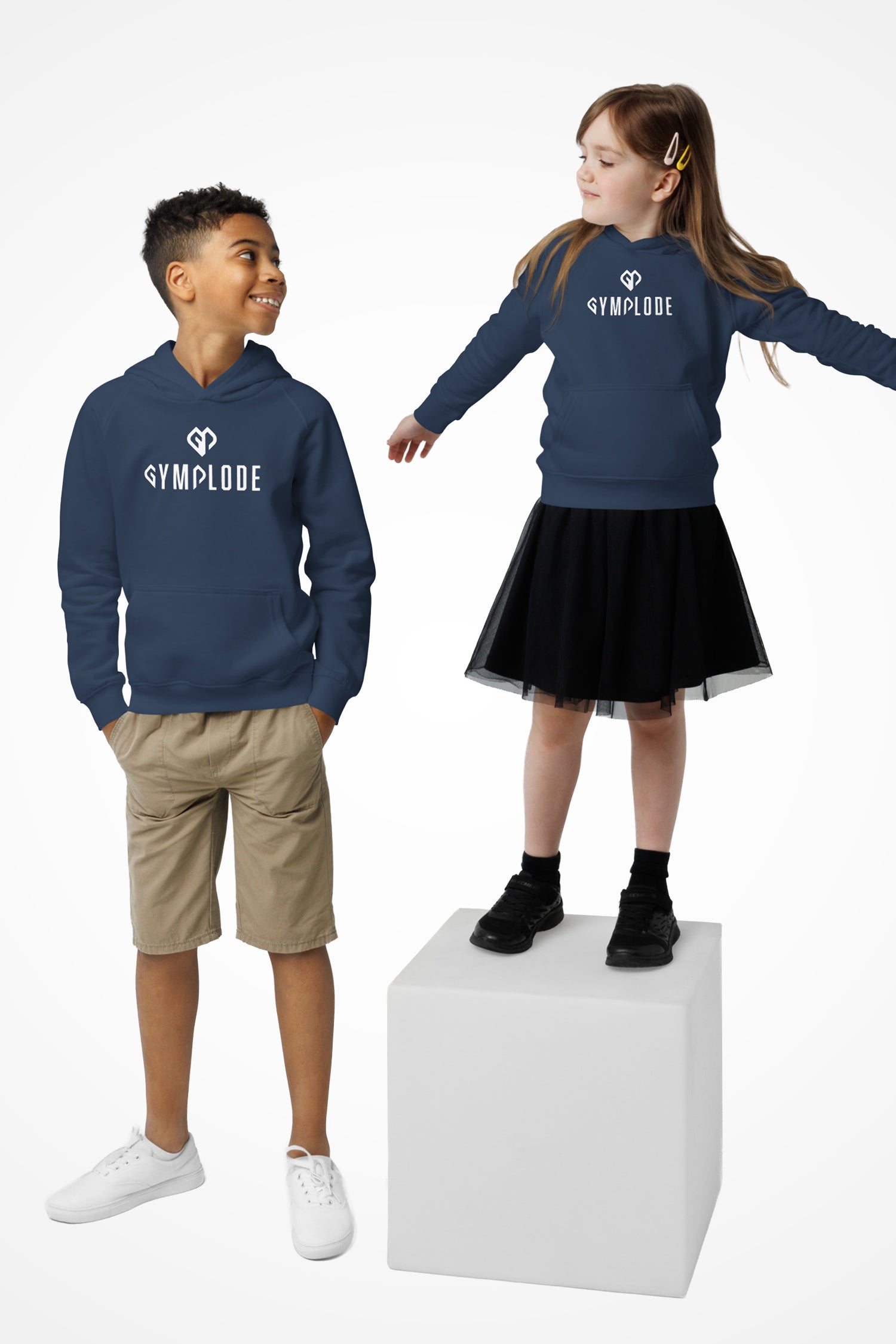 Kids premium unisex Gymplode hoodie with dual mark logo, front view with model