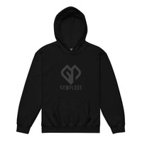 Kids super durable unisex black Gymplode hoodie with dual mark imprint, front view