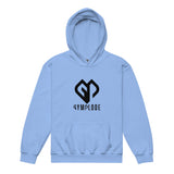 Kids super durable unisex Carolina blue Gymplode hoodie with dual mark imprint, front view