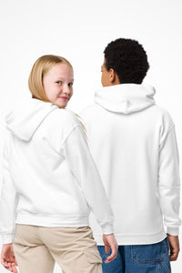 Kids super durable unisex Gymplode hoodie with no print, back view with model