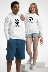 Kids super durable unisex Gymplode hoodie with dual mark logo, front view with model