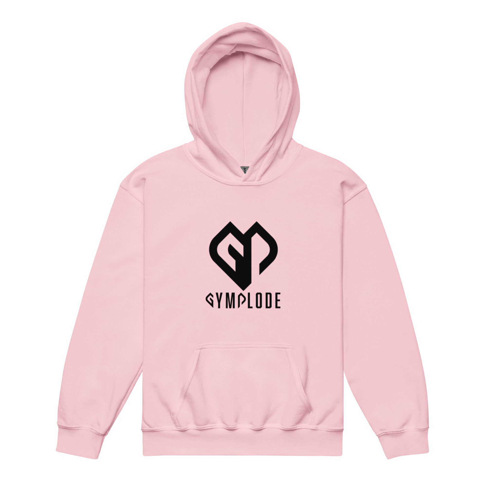 Kids super durable unisex light pink Gymplode hoodie with dual mark imprint, front view