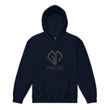 Kids super durable unisex navy Gymplode hoodie with dual mark imprint, front view