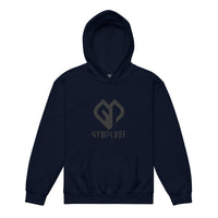 Kids super durable unisex navy Gymplode hoodie with dual mark imprint, front view