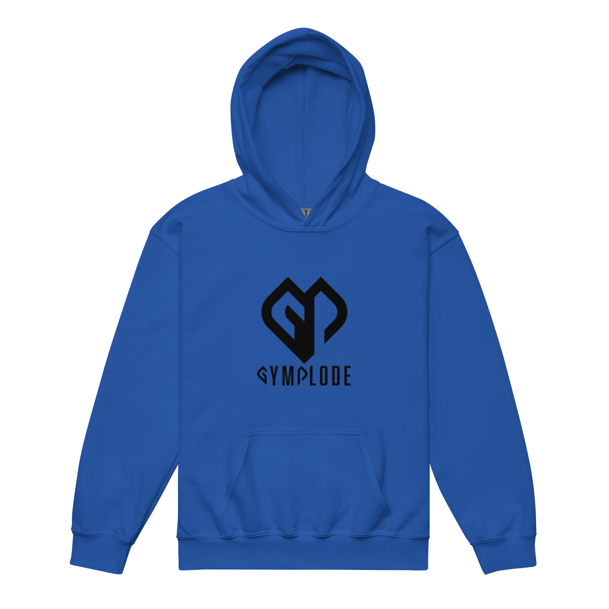 Kids super durable unisex royal Gymplode hoodie with dual mark imprint, front view