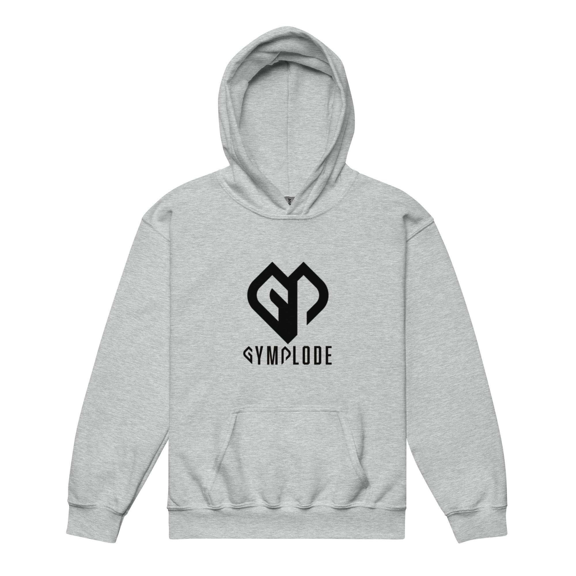 Kids super durable unisex sport grey Gymplode hoodie with dual mark imprint, front view