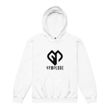 Kids super durable unisex white Gymplode hoodie with dual mark imprint, front view