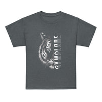 Kids Tiger Split unisex dark heather Gymplode t-shirt with sig logo, front view