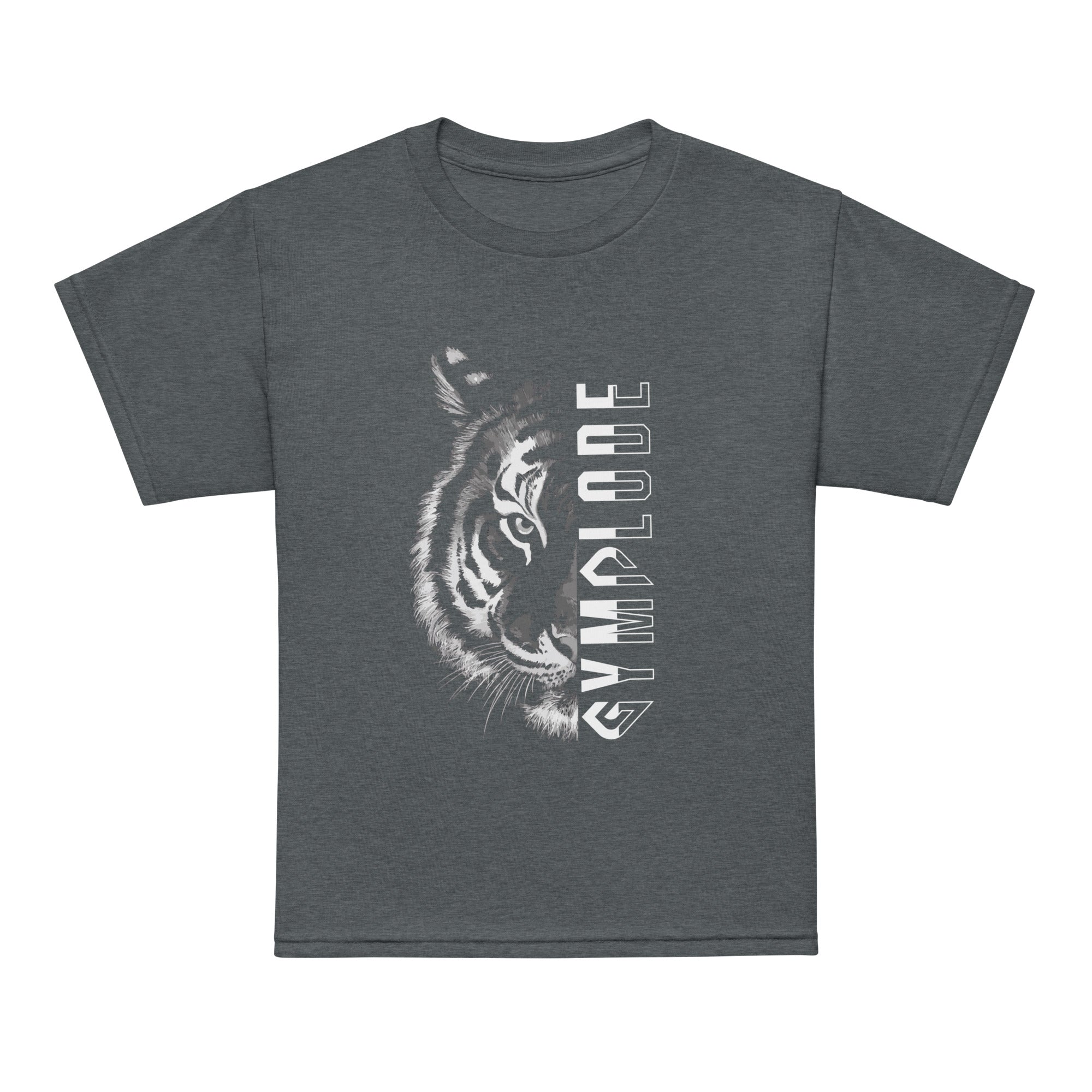 Kids Tiger Split unisex dark heather Gymplode t-shirt with sig logo, front view