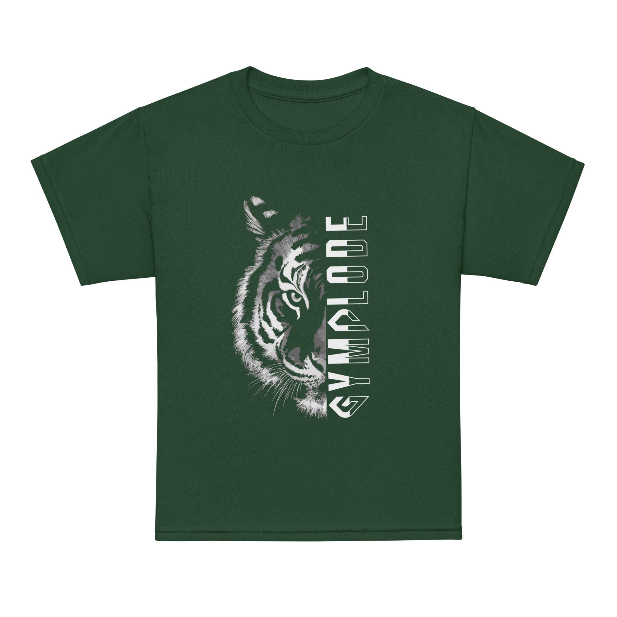 Kids Tiger Split unisex forest green Gymplode t-shirt with sig logo, front view