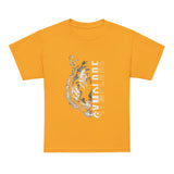 Kids Tiger Split unisex gold Gymplode t-shirt with sig logo, front view