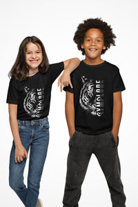 Kids Tiger Split unisex Gymplode t-shirt with sig logo, front view with model