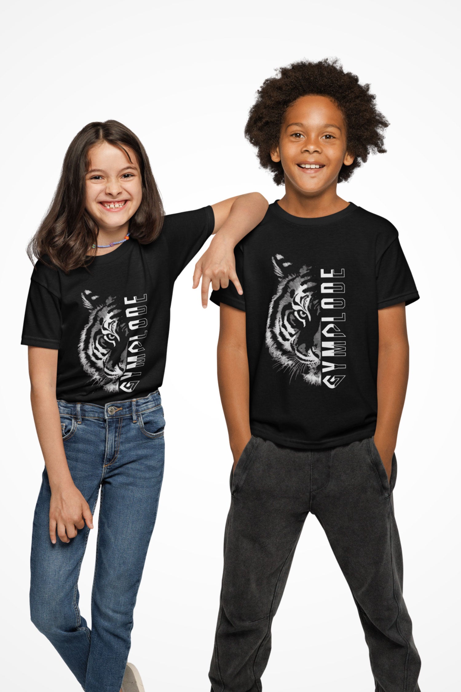 Kids Tiger Split unisex Gymplode t-shirt with sig logo, front view with model