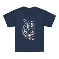 Kids Tiger Split unisex navy Gymplode t-shirt with sig logo, front view
